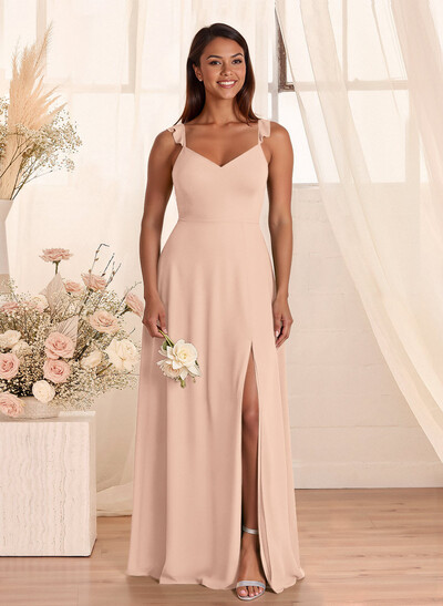 Simple V-Neck A-Line Floor-Length Chiffon Bridesmaid Dresses With Bow(s)