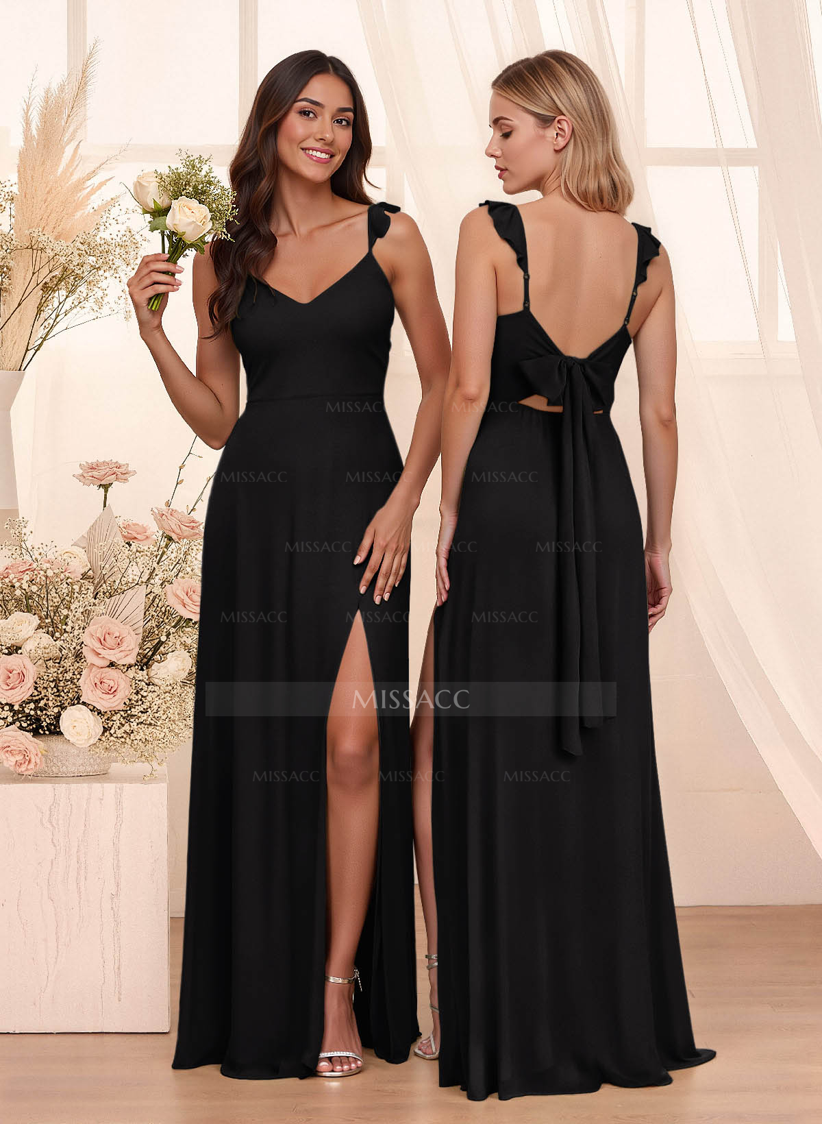 Simple V-Neck A-Line Floor-Length Chiffon Bridesmaid Dresses With Bow(s)