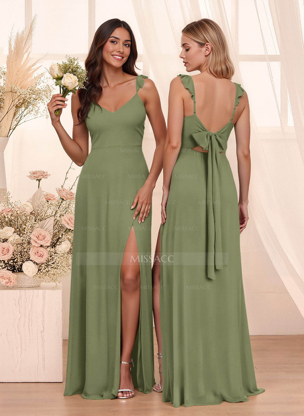 Simple V-Neck A-Line Floor-Length Chiffon Bridesmaid Dresses With Bow(s)