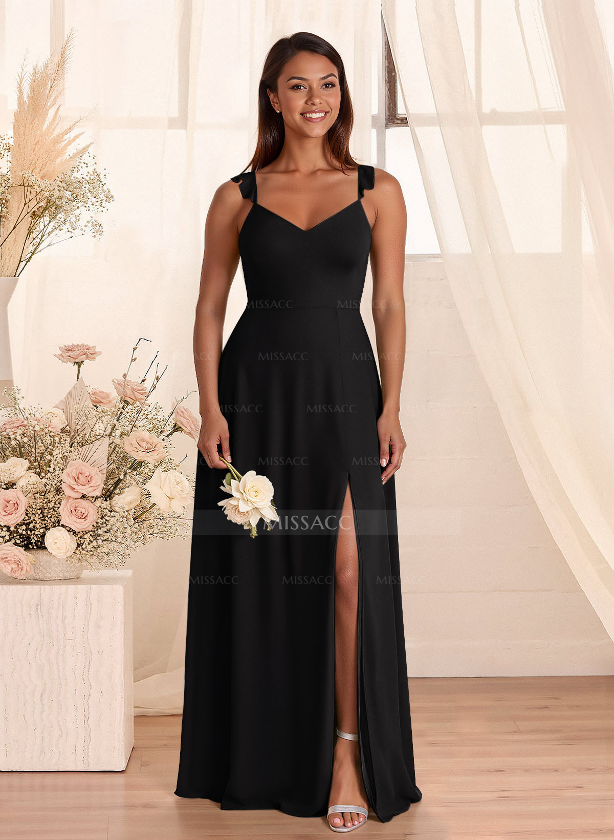 Simple V-Neck A-Line Floor-Length Chiffon Bridesmaid Dresses With Bow(s)