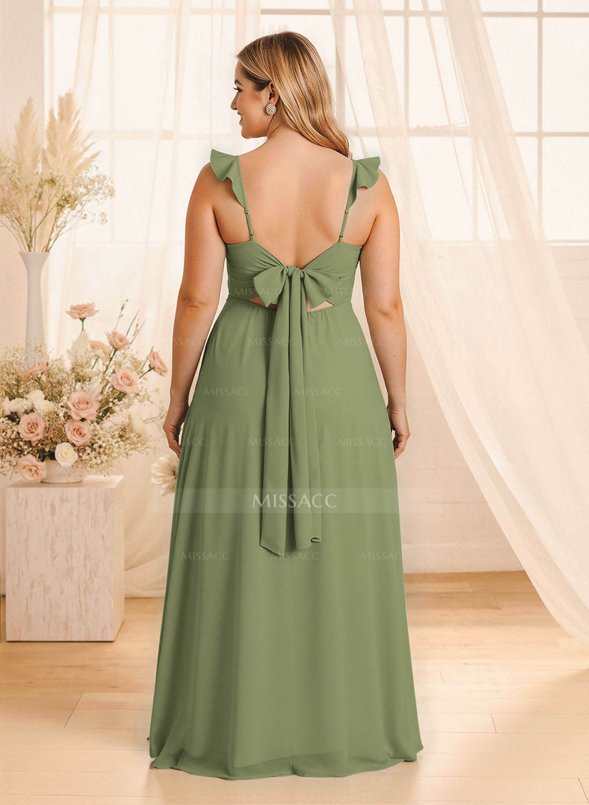 Simple V-Neck A-Line Floor-Length Chiffon Bridesmaid Dresses With Bow(s)