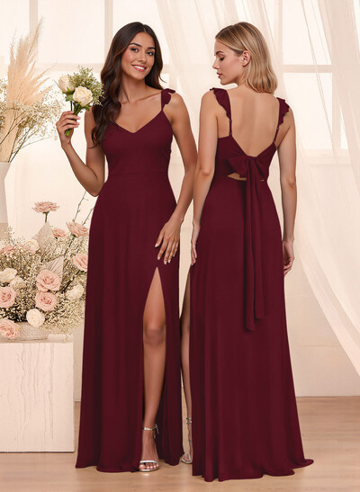 Simple V-Neck A-Line Floor-Length Chiffon Bridesmaid Dresses With Bow(s)