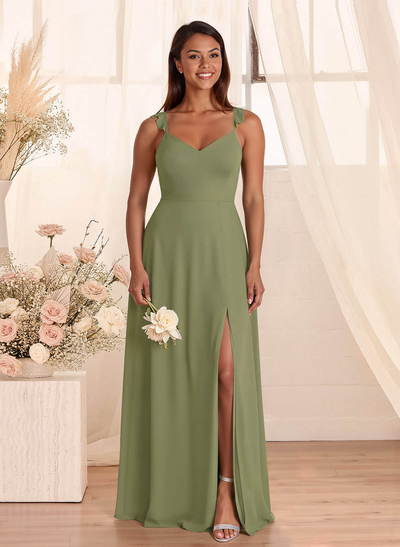 Simple V-Neck A-Line Floor-Length Chiffon Bridesmaid Dresses With Bow(s)