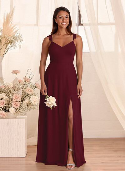 Simple V-Neck A-Line Floor-Length Chiffon Bridesmaid Dresses With Bow(s)