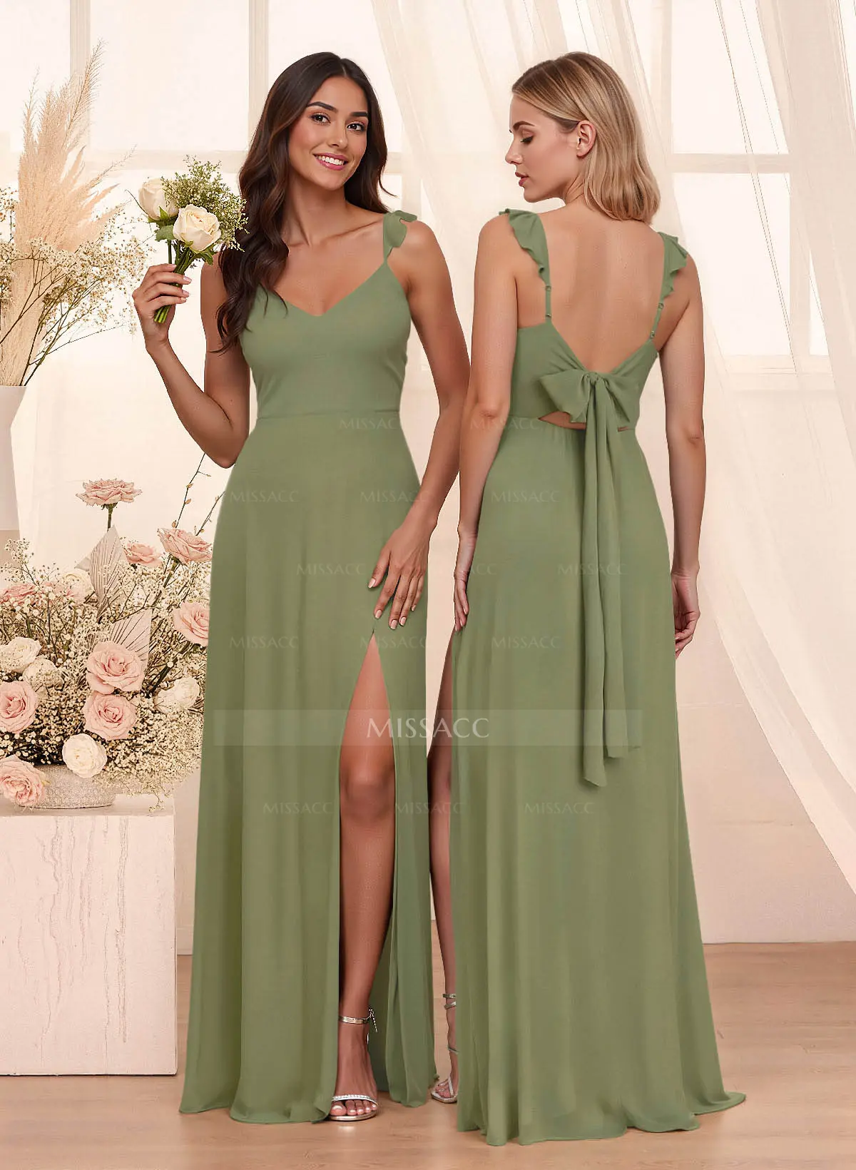 Simple V-Neck A-Line Floor-Length Chiffon Bridesmaid Dresses With Bow(s) -  Missacc