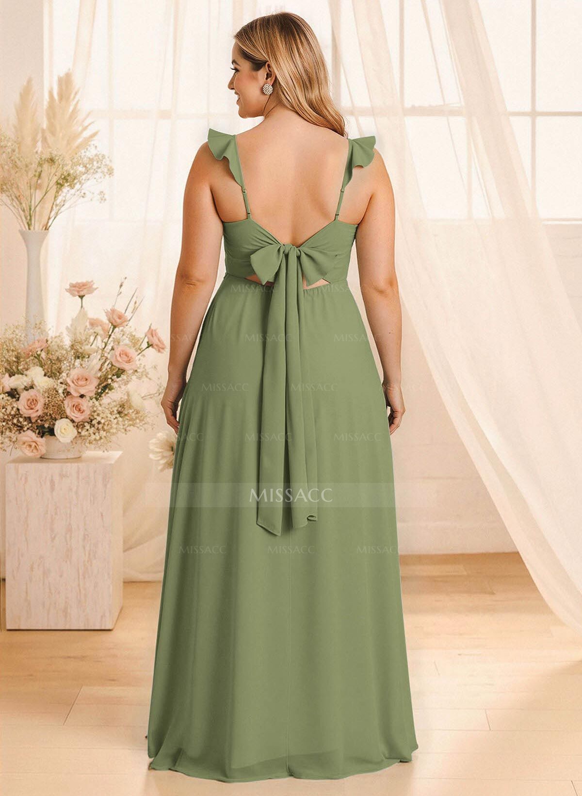 Simple V-Neck A-Line Floor-Length Chiffon Bridesmaid Dresses With Bow(s)