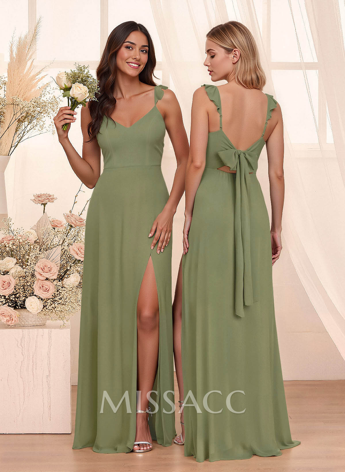 Simple V-Neck A-Line Floor-Length Chiffon Bridesmaid Dresses With Bow(s) Simple V-Neck A-Line Floor-Length Chiffon Bridesmaid Dresses With Bow(s)