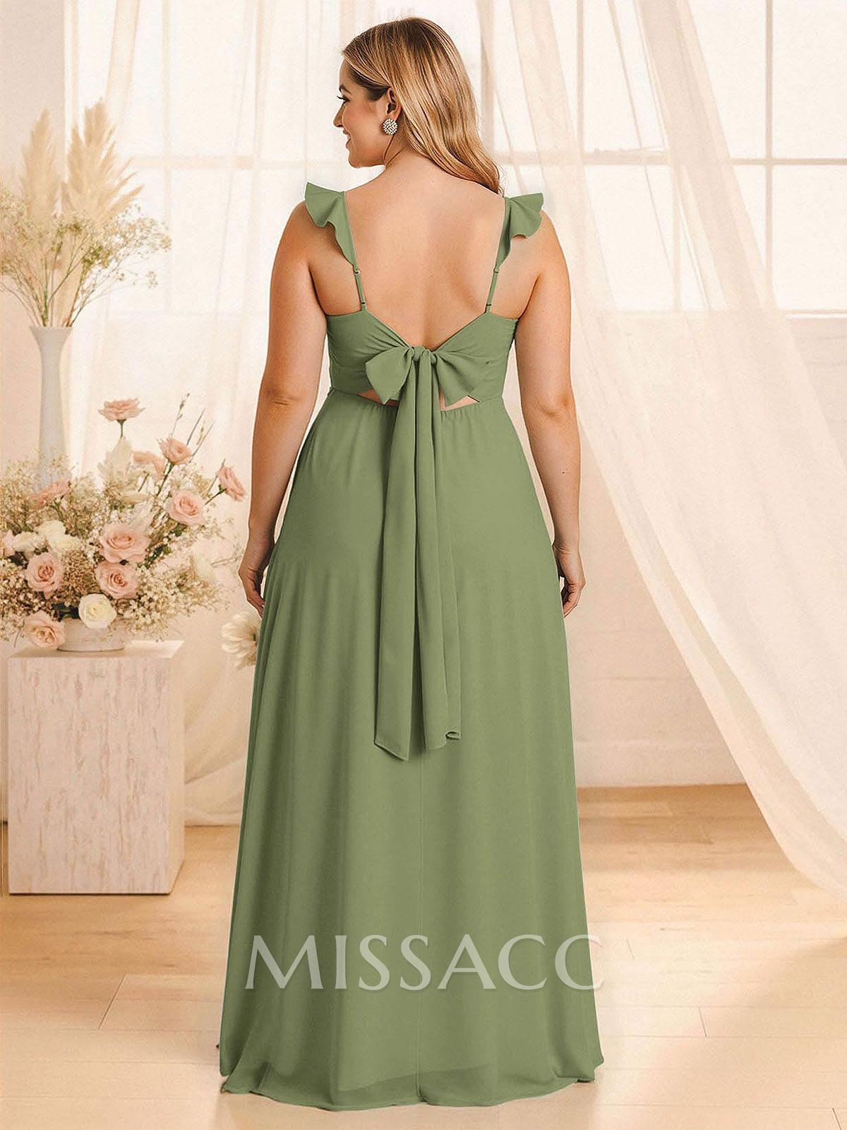Simple V-Neck A-Line Floor-Length Chiffon Bridesmaid Dresses With Bow(s)