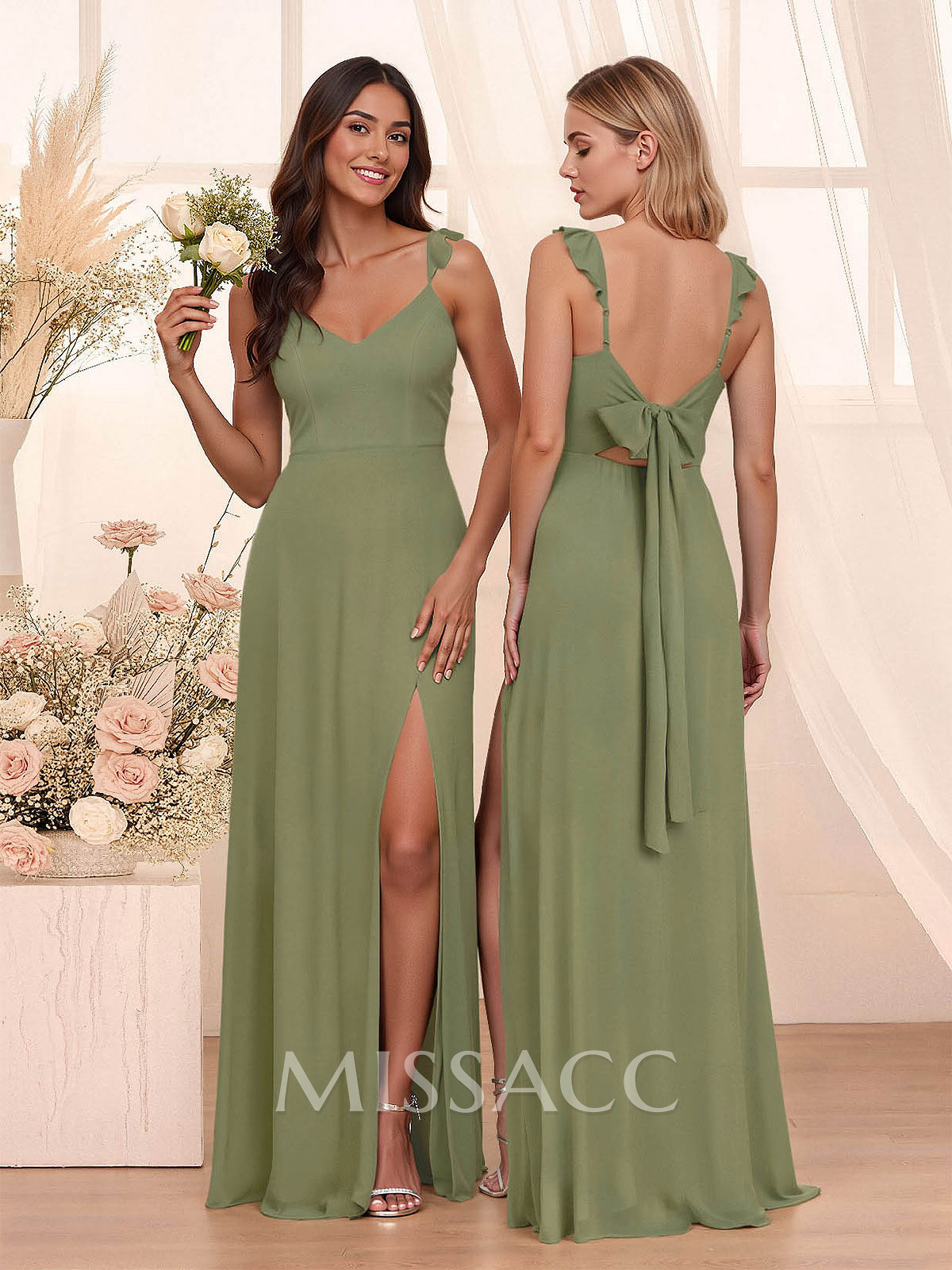 Simple V-Neck A-Line Floor-Length Chiffon Bridesmaid Dresses With Bow(s)