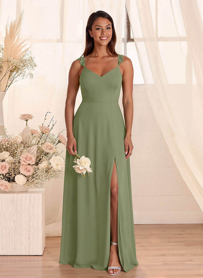 Simple V-Neck A-Line Floor-Length Chiffon Bridesmaid Dresses With Bow(s)