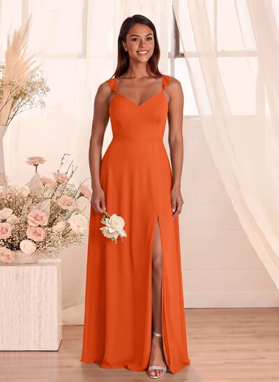 Simple V-Neck A-Line Floor-Length Chiffon Bridesmaid Dresses With Bow(s)