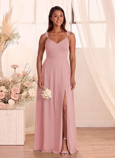 Simple V-Neck A-Line Floor-Length Chiffon Bridesmaid Dresses With Bow(s)