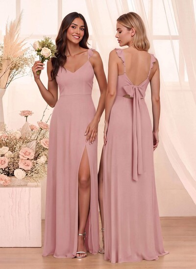 Simple V-Neck A-Line Floor-Length Chiffon Bridesmaid Dresses With Bow(s)