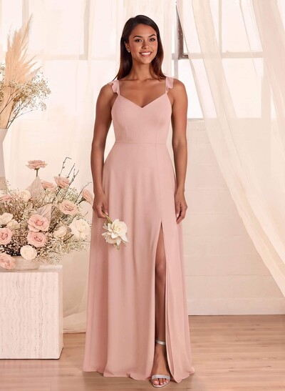 Simple V-Neck A-Line Floor-Length Chiffon Bridesmaid Dresses With Bow(s)