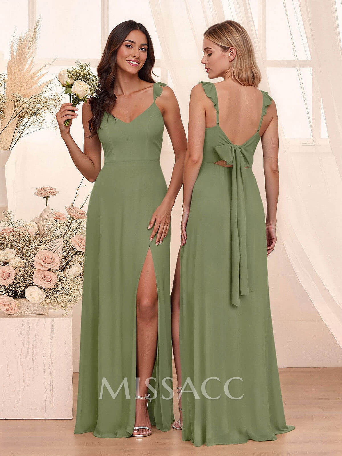 Simple V-Neck A-Line Floor-Length Chiffon Bridesmaid Dresses With Bow(s)