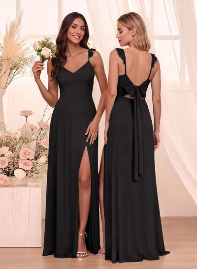 Simple V-Neck A-Line Floor-Length Chiffon Bridesmaid Dresses With Bow(s)