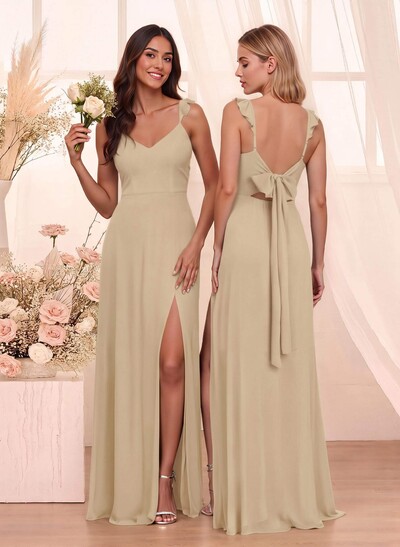 Simple V-Neck A-Line Floor-Length Chiffon Bridesmaid Dresses With Bow(s)