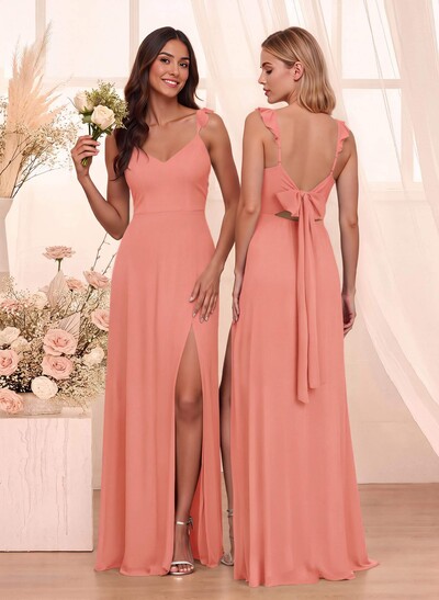 Simple V-Neck A-Line Floor-Length Chiffon Bridesmaid Dresses With Bow(s)