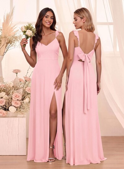 Simple V-Neck A-Line Floor-Length Chiffon Bridesmaid Dresses With Bow(s)
