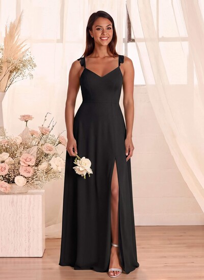 Simple V-Neck A-Line Floor-Length Chiffon Bridesmaid Dresses With Bow(s)