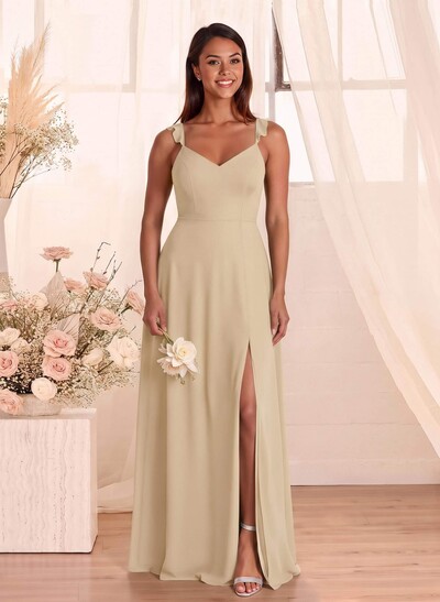 Simple V-Neck A-Line Floor-Length Chiffon Bridesmaid Dresses With Bow(s)