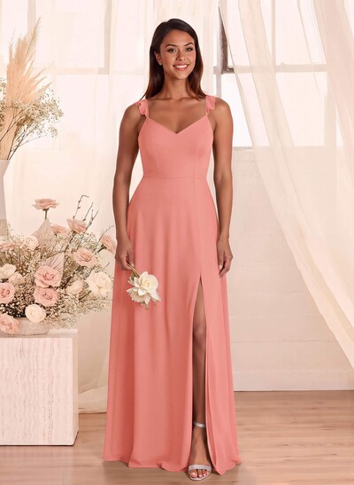 Simple V-Neck A-Line Floor-Length Chiffon Bridesmaid Dresses With Bow(s)