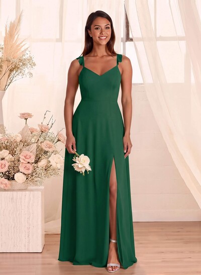 Simple V-Neck A-Line Floor-Length Chiffon Bridesmaid Dresses With Bow(s)