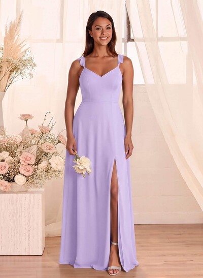 Simple V-Neck A-Line Floor-Length Chiffon Bridesmaid Dresses With Bow(s)