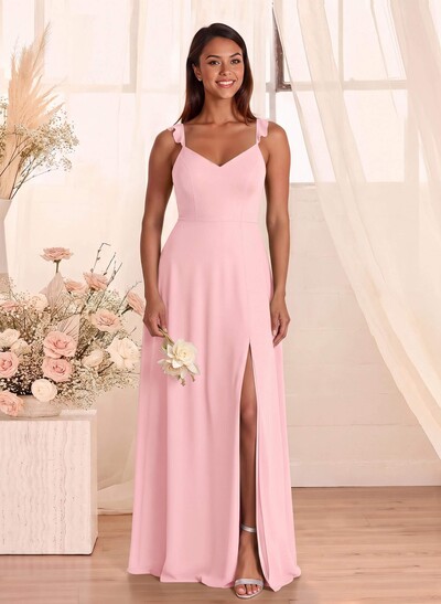 Simple V-Neck A-Line Floor-Length Chiffon Bridesmaid Dresses With Bow(s)