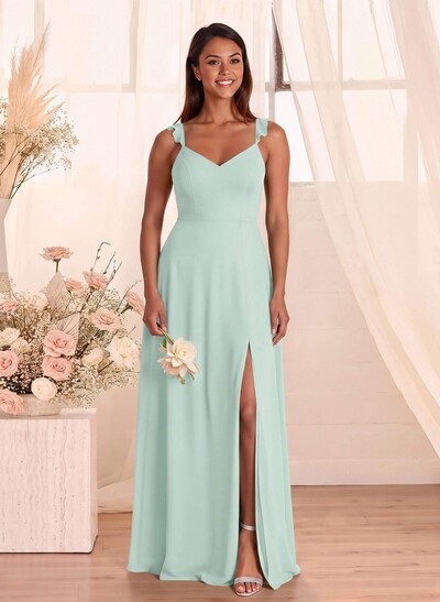 Simple V-Neck A-Line Floor-Length Chiffon Bridesmaid Dresses With Bow(s)