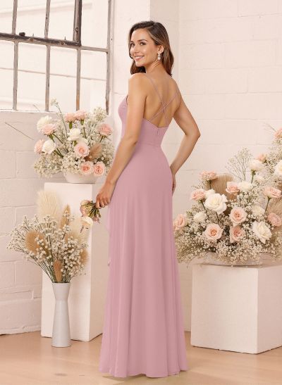 Classic V-Neck Ruffle Split Front Floor-Length Chiffon Bridesmaid Dresses