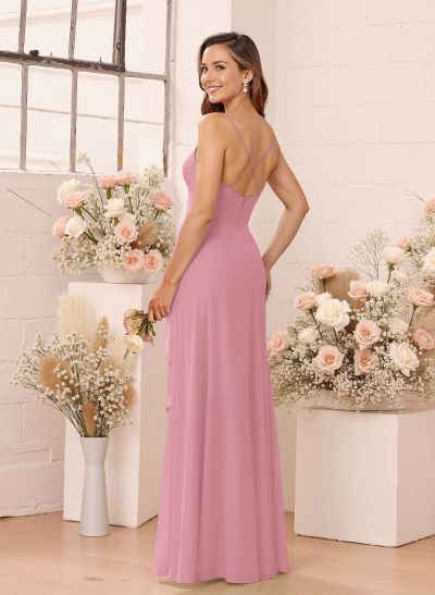 Classic V-Neck Ruffle Split Front Floor-Length Chiffon Bridesmaid Dresses