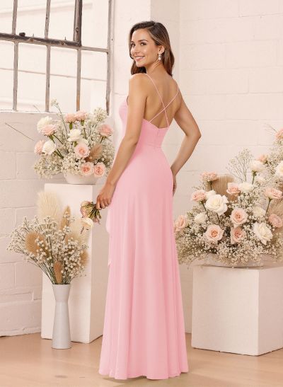 Classic V-Neck Ruffle Split Front Floor-Length Chiffon Bridesmaid Dresses