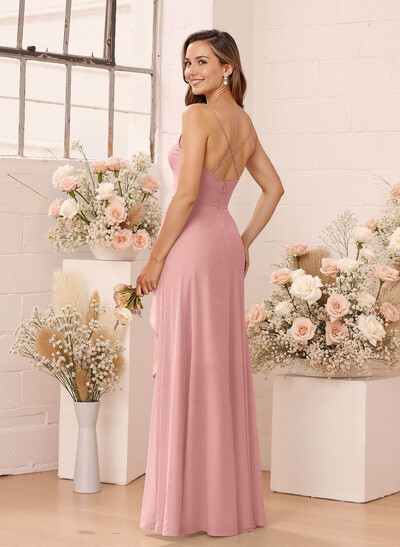 Classic V-Neck Ruffle Split Front Floor-Length Chiffon Bridesmaid Dresses