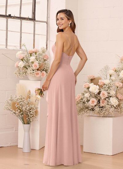 Classic V-Neck Ruffle Split Front Floor-Length Chiffon Bridesmaid Dresses