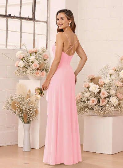 Classic V-Neck Ruffle Split Front Floor-Length Chiffon Bridesmaid Dresses