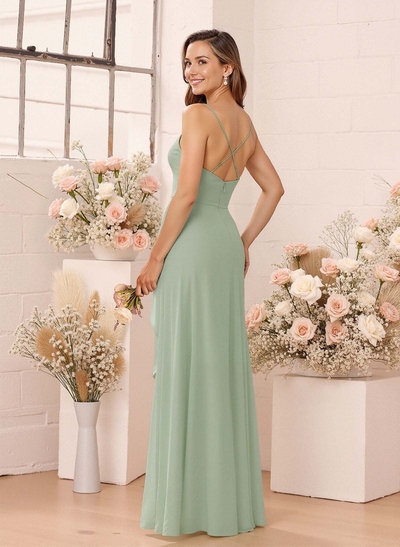 Classic V-Neck Ruffle Split Front Floor-Length Chiffon Bridesmaid Dresses