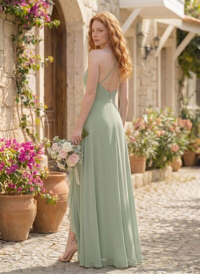 Classic V-Neck Ruffle Split Front Floor-Length Chiffon Bridesmaid Dresses