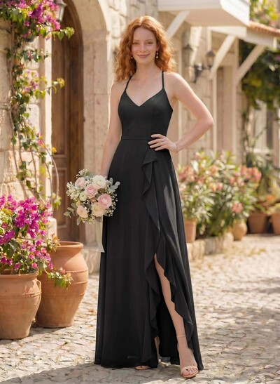 Classic V-Neck Ruffle Split Front Floor-Length Chiffon Bridesmaid Dresses