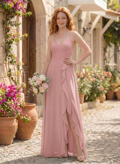 Classic V-Neck Ruffle Split Front Floor-Length Chiffon Bridesmaid Dresses