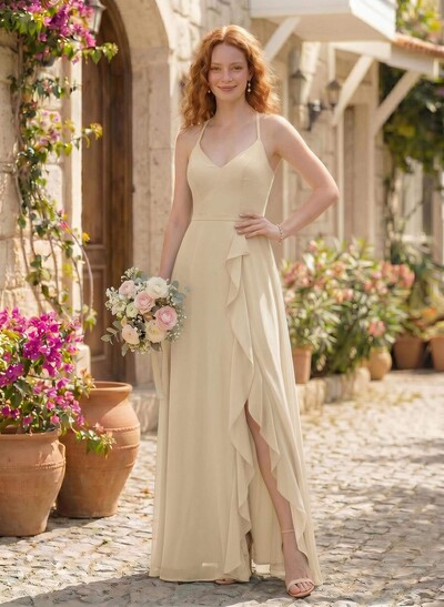 Classic V-Neck Ruffle Split Front Floor-Length Chiffon Bridesmaid Dresses