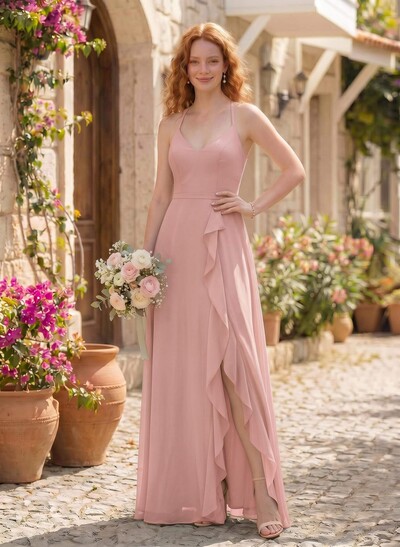 Classic V-Neck Ruffle Split Front Floor-Length Chiffon Bridesmaid Dresses