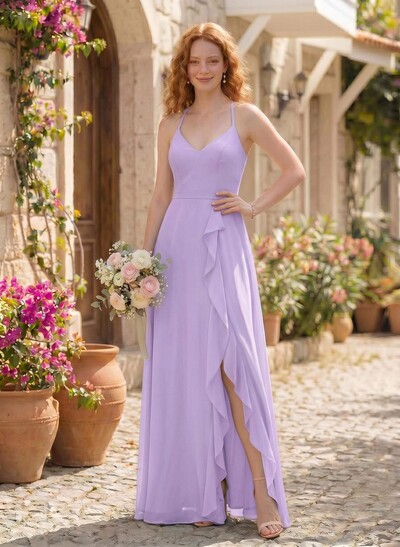 Classic V-Neck Ruffle Split Front Floor-Length Chiffon Bridesmaid Dresses