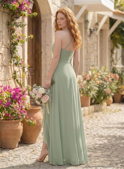 Classic V-Neck Ruffle Split Front Floor-Length Chiffon Bridesmaid Dresses