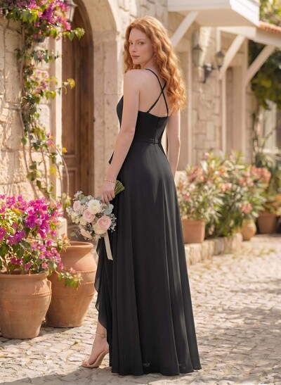 Classic V-Neck Ruffle Split Front Floor-Length Chiffon Bridesmaid Dresses