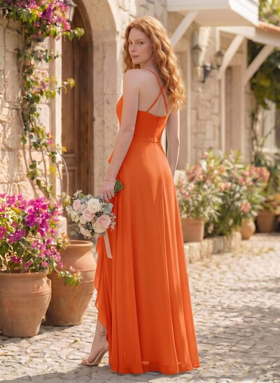 Classic V-Neck Ruffle Split Front Floor-Length Chiffon Bridesmaid Dresses