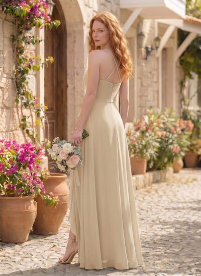 Classic V-Neck Ruffle Split Front Floor-Length Chiffon Bridesmaid Dresses