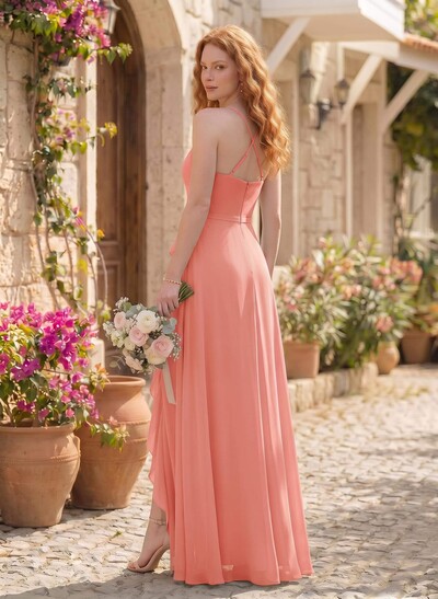 Classic V-Neck Ruffle Split Front Floor-Length Chiffon Bridesmaid Dresses