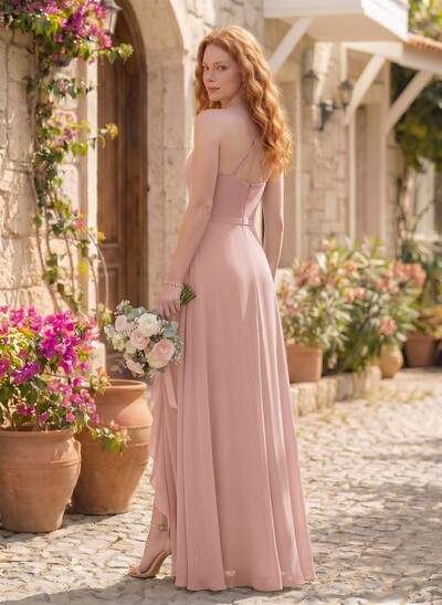 Classic V-Neck Ruffle Split Front Floor-Length Chiffon Bridesmaid Dresses