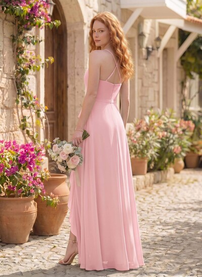 Classic V-Neck Ruffle Split Front Floor-Length Chiffon Bridesmaid Dresses